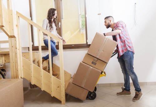 Professional movers carrying furniture through a Richmond flat access area